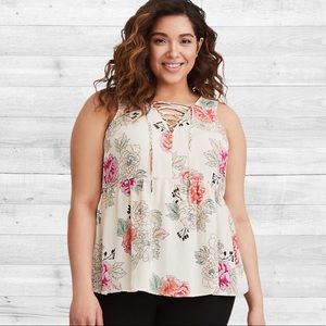 Sleeveless Lace-Up Floral Tank Top - Cream with Pink & Coral Flowers